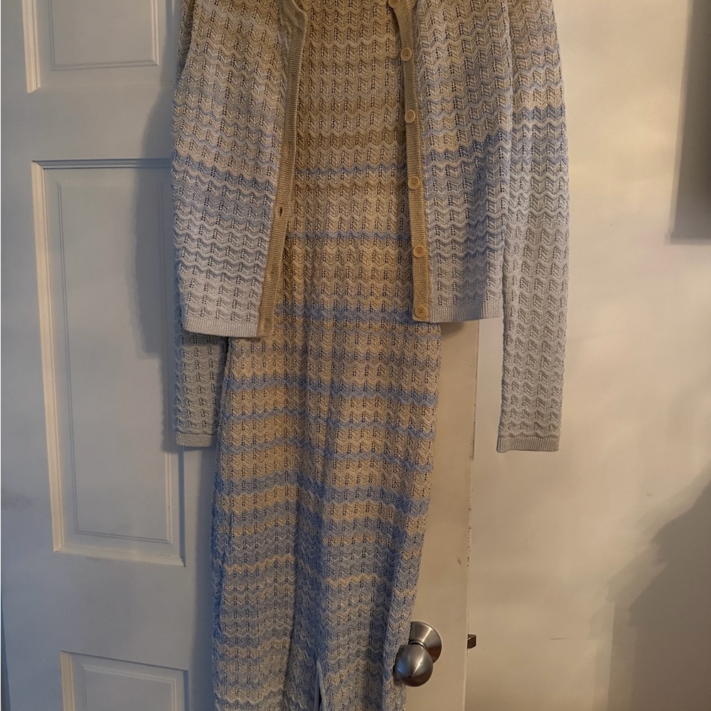 SANDRO (worn once) Knit Two-Piece Cardigan & Skirt Set in Cream and Light Blue